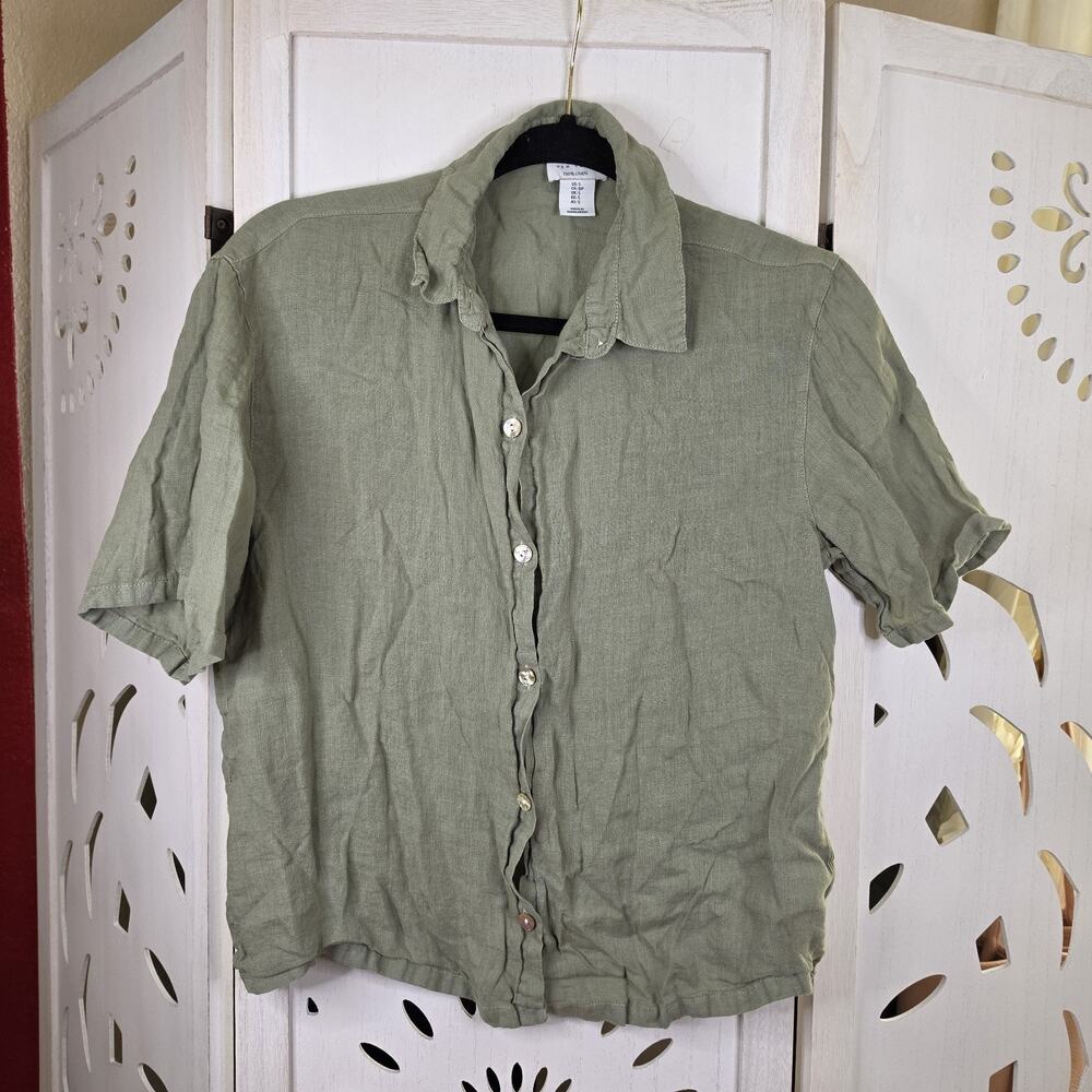 Nicole Miller Women's 100% Linen Preppy Short Sleeve Button Down Blouse Size Sm